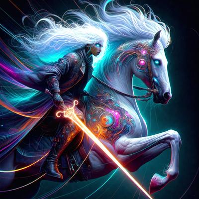 The primary subject of the image is a person riding a white horse. The person is holding a sword, and the horse has a flowing mane. The setting appears to be a dark, possibly magical, environment. The visual style of the image is digital art, with a vibrant and colorful atmosphere.